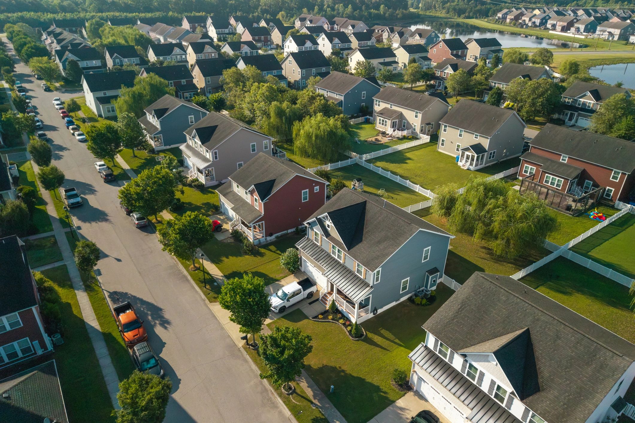 Neighborhood homes with blue roofs